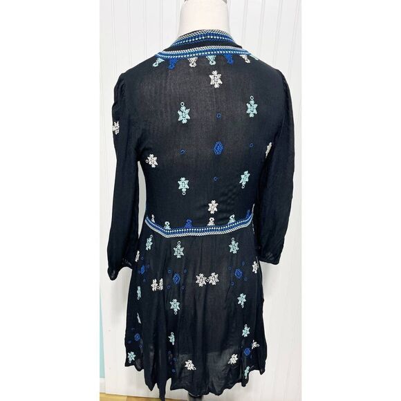 Free People Stargazer Mini Dress Embroidered V-Neck Tie Waist Black Blue Small - Picture 3 of 12